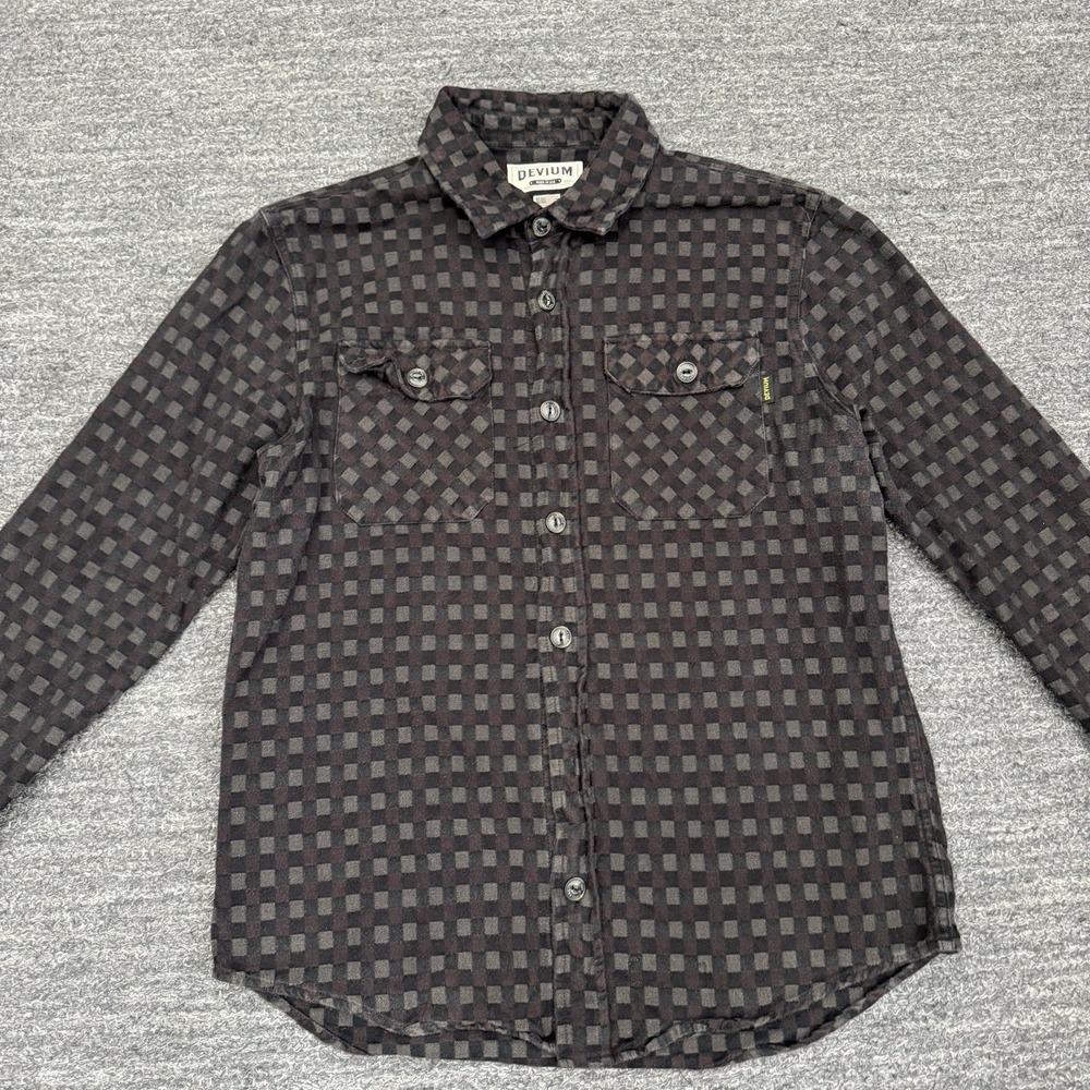 Devium USA Flannel Shirt Men Medium Black Boca Long Sleeve USA *MISSING BUTTON*